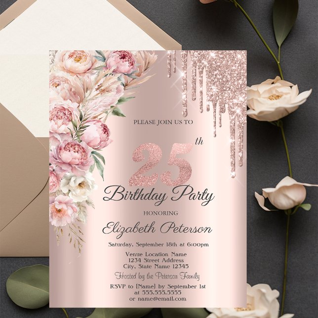 Invitación Purpurinas de rosas rosadas gotean oro Rosa Oro 25 (Subido por el creador)