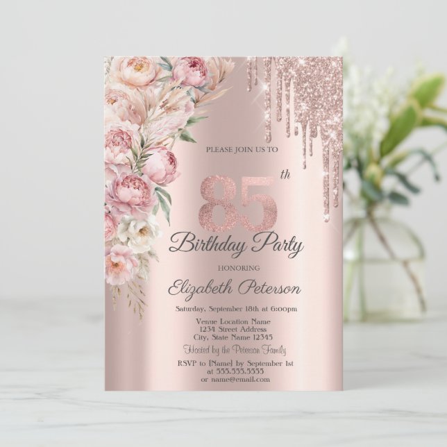 Invitación Purpurinas de rosas rosadas gotean oro Rosa Oro 85 (Anverso de pie)
