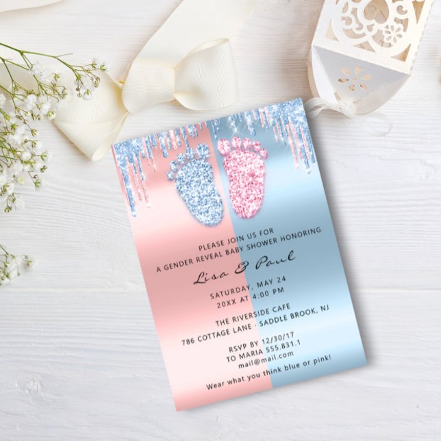 Invitación Purpurinas de sexo revelan perforacionesNiño Chica (Gender Reveal Glitter DripsPink Blue Baby Boy Girl Invitation)