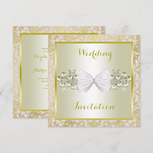 Invitación Purpurinas dorados, Bodas de flores de diamantes y (Anverso / Reverso)