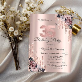 Invitación Purpurinas Drips Rosa Flores de Oro 35 cumpleaños