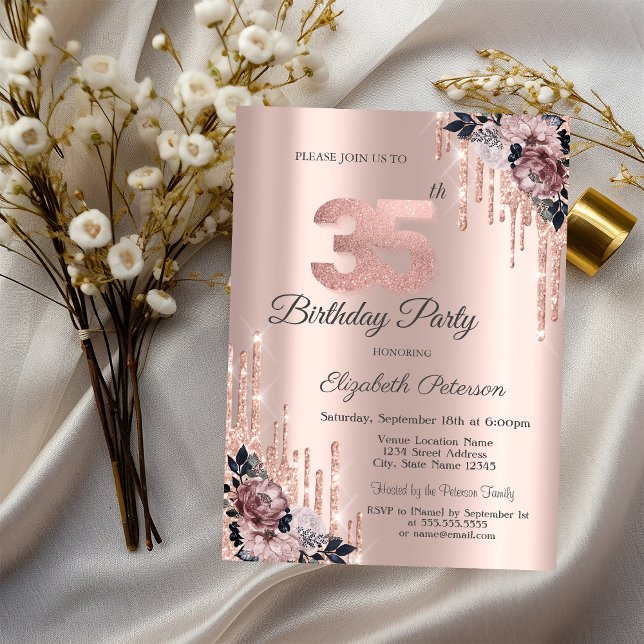 Invitación Purpurinas Drips Rosa Flores de Oro 35 cumpleaños (Subido por el creador)