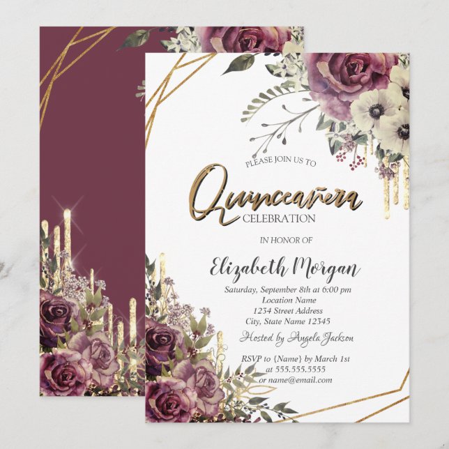 Invitación Purpurinas elegantes, Fiesta floral de Quinceañera (Anverso / Reverso)