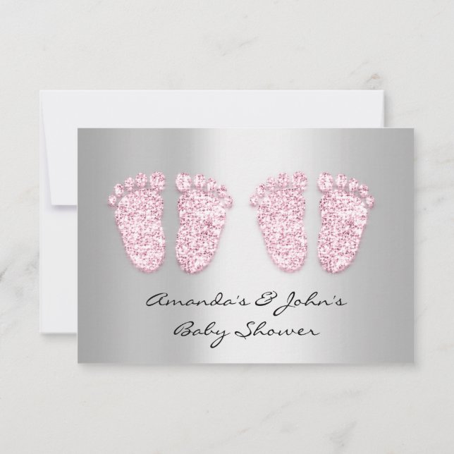 Invitación Purpurinas gemelos de Baby Shower Chicas rosados g (Reverso)