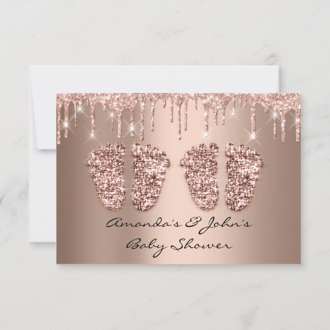 Invitación Purpurinas gemelos  de pies de Baby Shower Rosas n (Reverso)