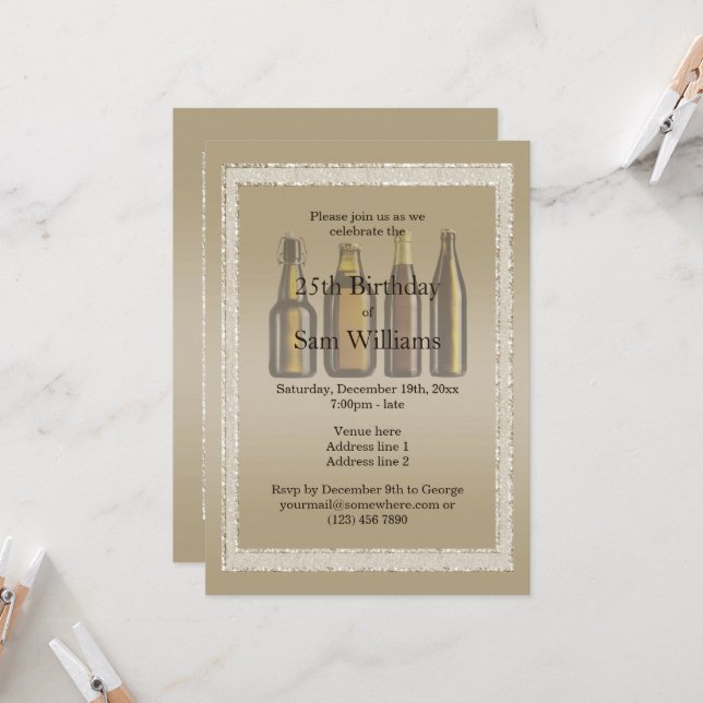 Invitación Purpurinas marrones y cervezas de cumpleaños (Anverso/Reverso In Situ)
