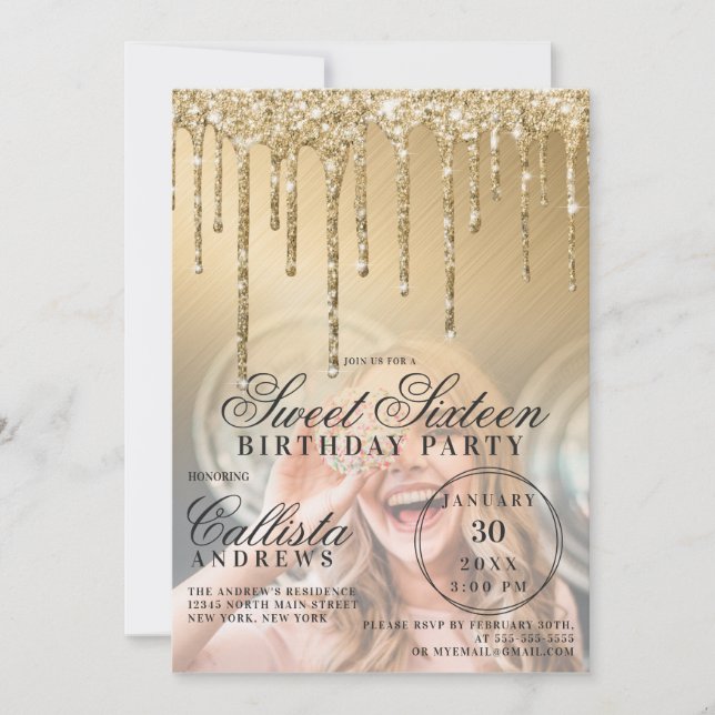 Invitación Purpurinas metálicos Glam Gold Drips Foto Dulce 16 (Anverso)