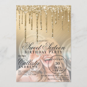 Invitación Purpurinas metálicos Glam Gold Drips Foto Dulce 16
