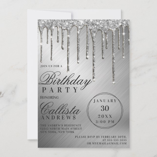 Invitación Purpurinas metálicos Glam Silver Drithday Cumpleañ (Anverso)