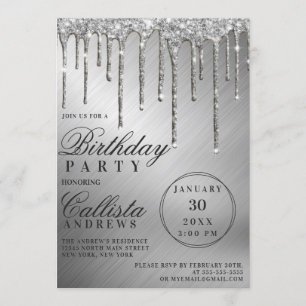 Invitación Purpurinas metálicos Glam Silver Drithday Cumpleañ
