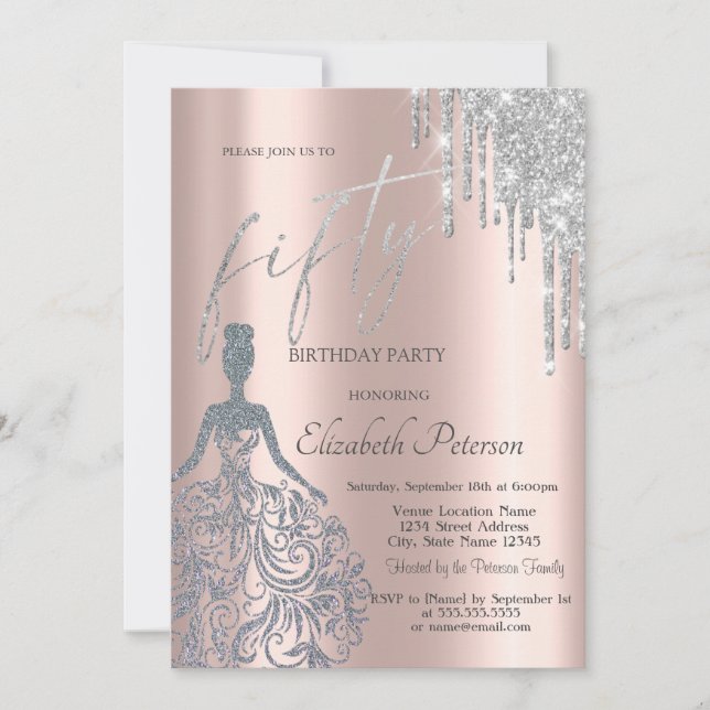 Invitación Purpurinas Plata, Vestido Chica 50 cumpleaños (Anverso)