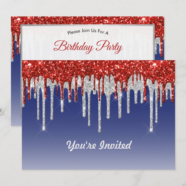 Invitación Purpurinas rojos y azules de moda Cumpleaños (Anverso / Reverso)