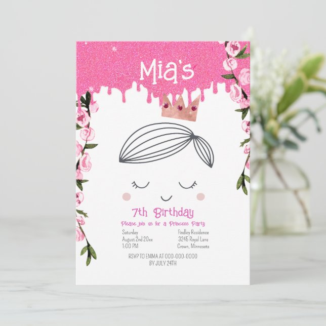 Invitación Purpurinas rosados bonitos Chicas Princesas Cumple (Anverso de pie)