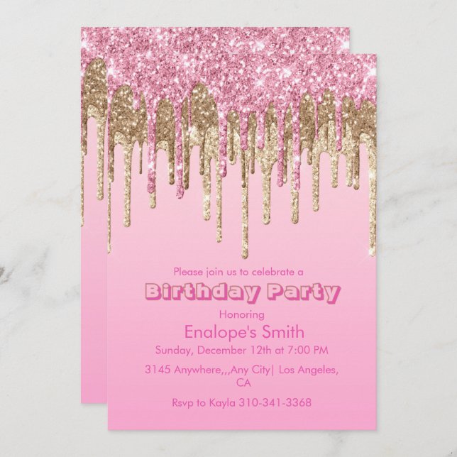 Invitación Purpurinas rosados y dorados (Anverso / Reverso)