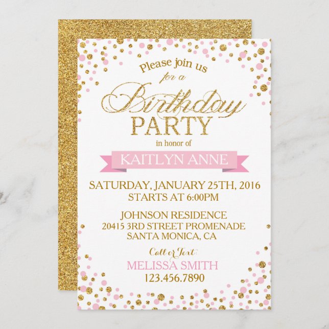 Invitación Purpurinas rosados y dorados puentes cumpleaños (Anverso / Reverso)