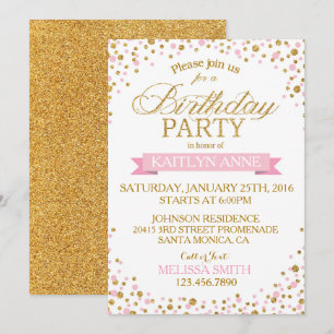 Invitación Purpurinas rosados y dorados puentes cumpleaños