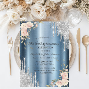 Invitación Purpurinas, Rosas, aniversario de Bodas azules
