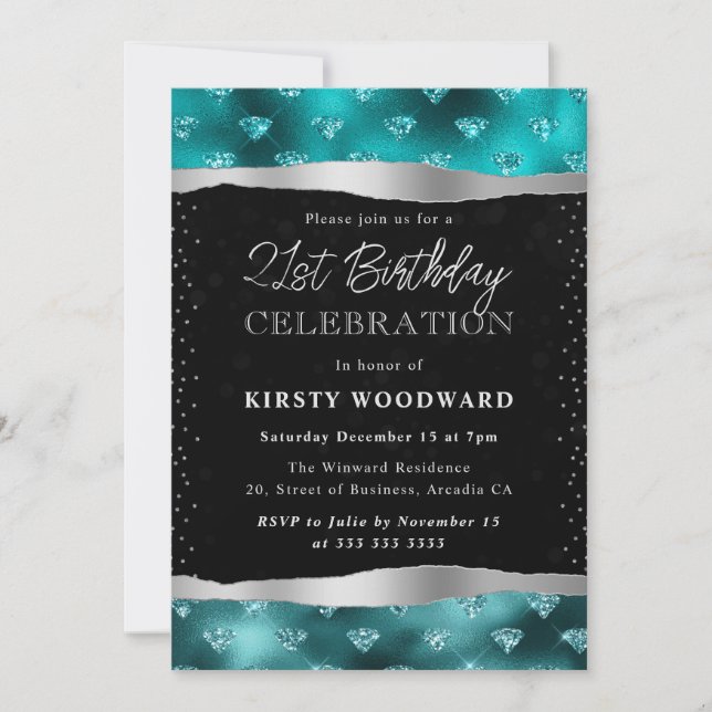 Invitación Purpurinas verde azulados y negros Diamantes 21 cu (Anverso)