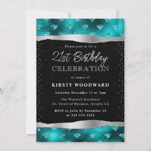 Invitación Purpurinas verde azulados y negros Diamantes 21 cu