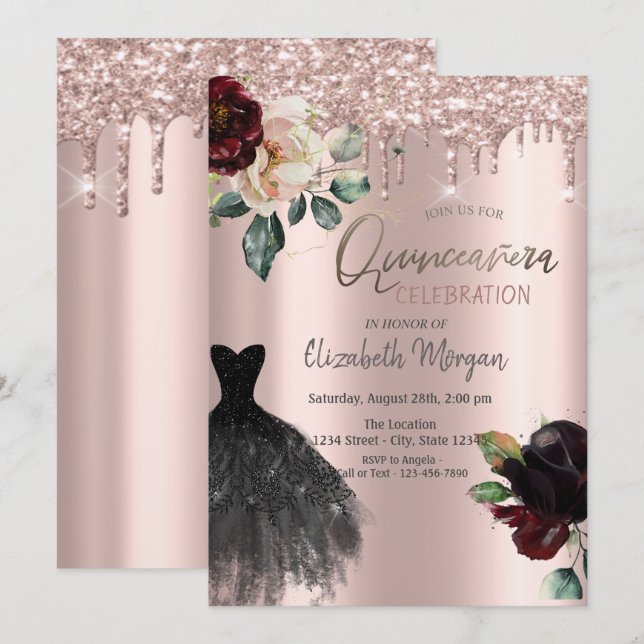 Invitación Purpurinas, vestidos, Rosas Quinceañera (Anverso / Reverso)