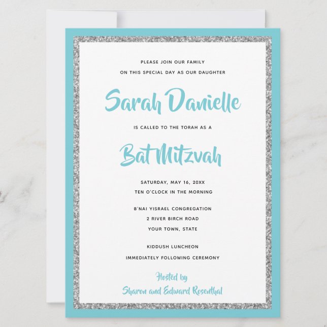Invitación Purpurinoso Bat Mitzvah Azul y Plata Grande (Anverso)