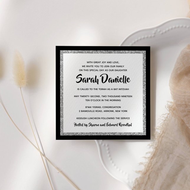 Invitación Purpurinoso Bat Mitzvah Black Silver Square (Subido por el creador)
