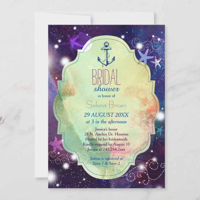 Invitación Purpurinoso Beach Starfish Nautical Bridal Shower (Anverso)