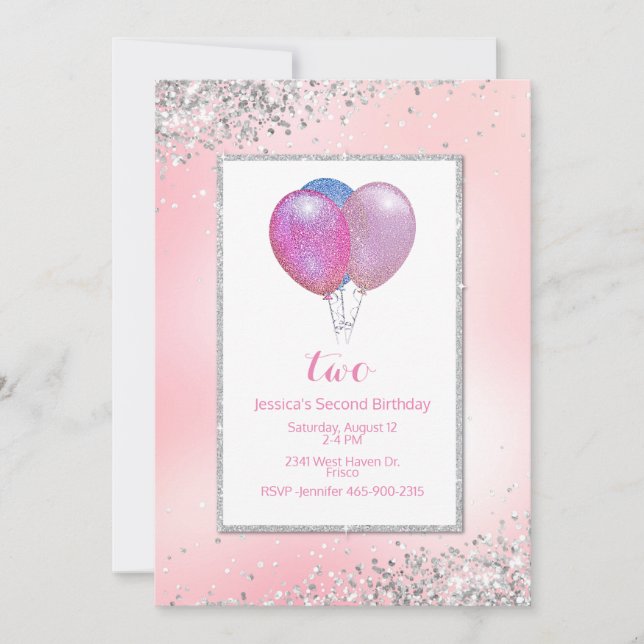 Invitación Purpurinoso de chicas Balloons Cumpleaños (Anverso)