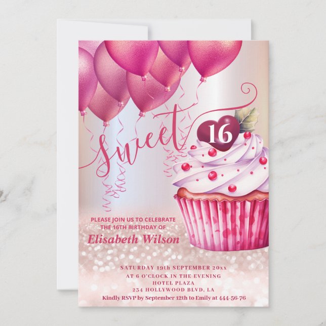 Invitación Purpurinoso de oro de Rosa de bizcochito de globo  (Anverso)