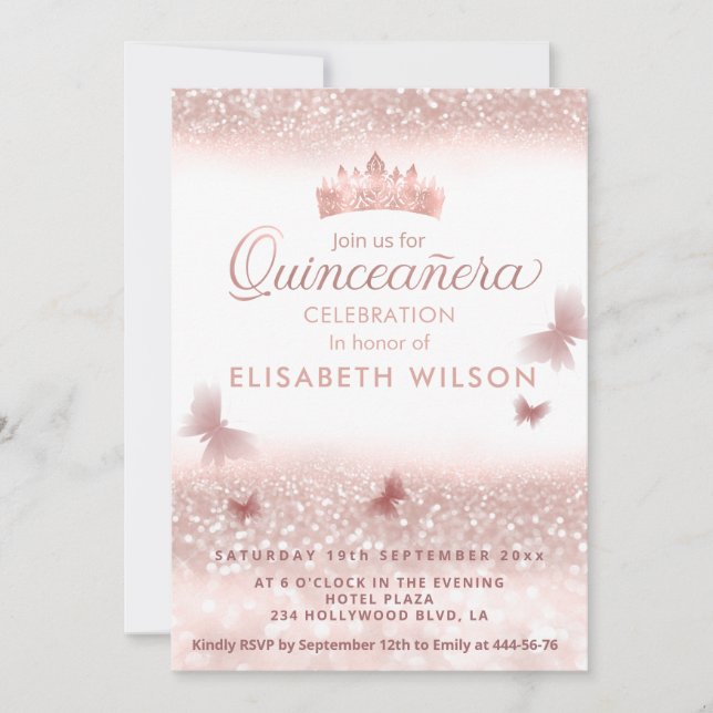 Invitación purpurinoso de oro Rosa tiara caligrafía Quinceañe (Anverso)