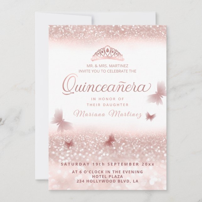 Invitación purpurinoso de oro Rosa tiara caligrafía Quinceañe (Anverso)