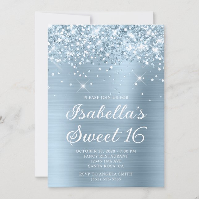 Invitación Purpurinoso Dusty Blue Relieve metalizado Sweet 16 (Anverso)