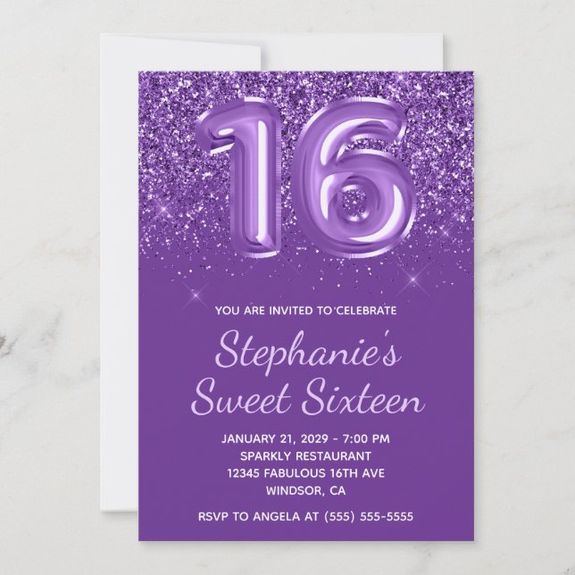 Invitación Purpurinoso espumoso Royal Purple Número 16 Cumple (Anverso)