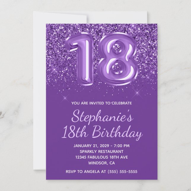 Invitación Purpurinoso espumoso Royal Purple Número 18 Cumple (Anverso)