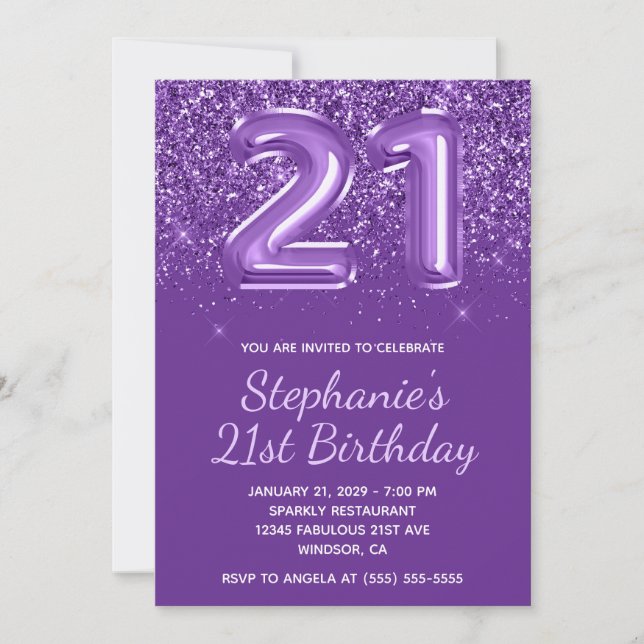 Invitación Purpurinoso espumoso Royal Purple Número 21 Cumple (Anverso)