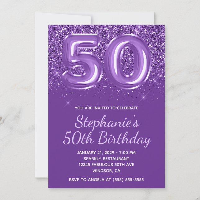 Invitación Purpurinoso espumoso Royal Purple Número 50 Cumple (Anverso)
