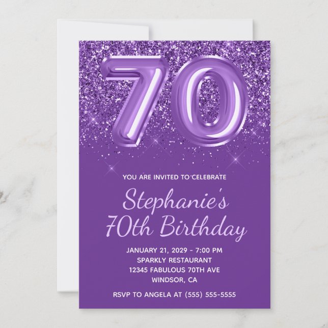 Invitación Purpurinoso espumoso Royal Purple Número 70 Cumple (Anverso)