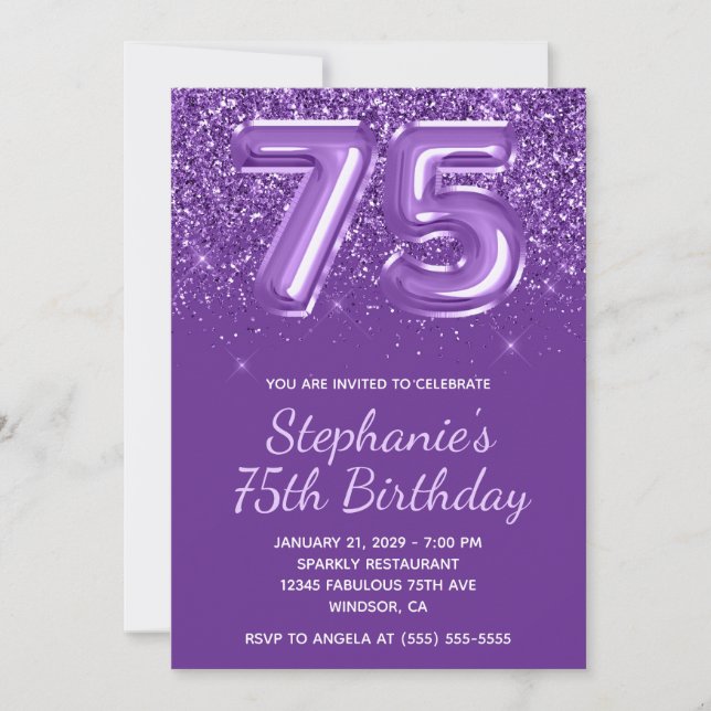 Invitación Purpurinoso espumoso Royal Purple Número 75 Cumple (Anverso)
