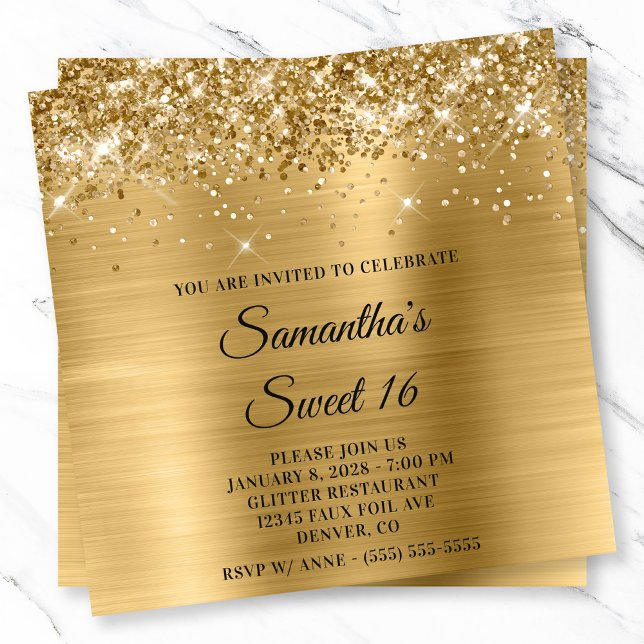 Invitación Purpurinoso Gold Metallic Look Sweet 16 (Glittery Gold Metallic Look Sweet 16 Invitation)