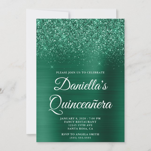 Invitación Purpurinoso Hunter Green Relieve metalizado Quince (Anverso)