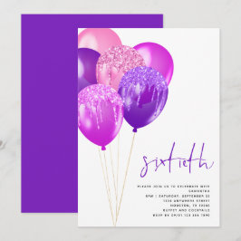 Invitación Purpurinoso Mauve Fuchsia Balloons 60 cumpleaños
