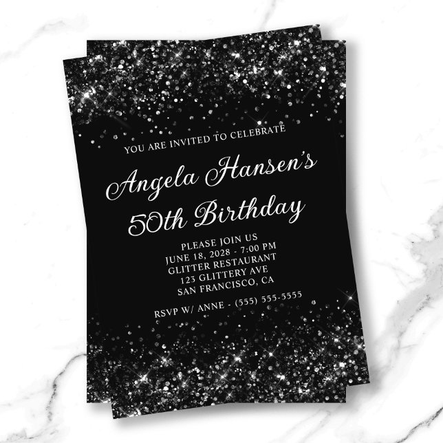 Invitación Purpurinoso Negro 50 cumpleaños (Glittery Black 50th Birthday Invitation)