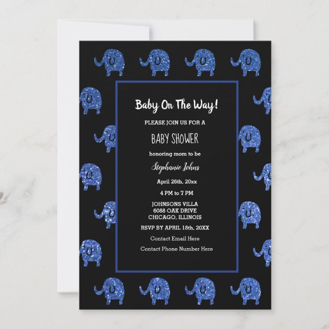 Invitación Purpurinoso negro azul Baby Shower Elephant Animal (Anverso)