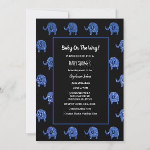 Invitación Purpurinoso negro azul Baby Shower Elephant Animal