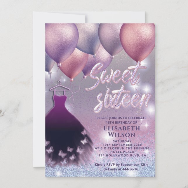 Invitación Purpurinoso parlanchín Lilac globo de vestido (Anverso)