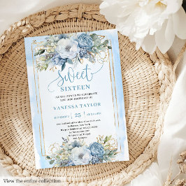 Invitación Purpurinoso Pastel Blue White Peonies Sweet 16 Inv