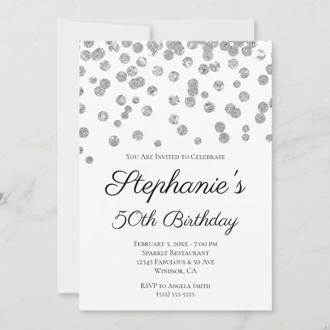 Invitación Purpurinoso Plata Confetti Elegante 50 cumpleaños (Anverso)
