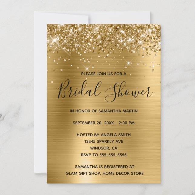 Invitación Purpurinoso Relieve metalizado dorado Bridal Showe (Anverso)