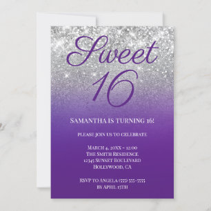 Invitación Purpurinoso Royal Purple Silver Ombre Sweet 16