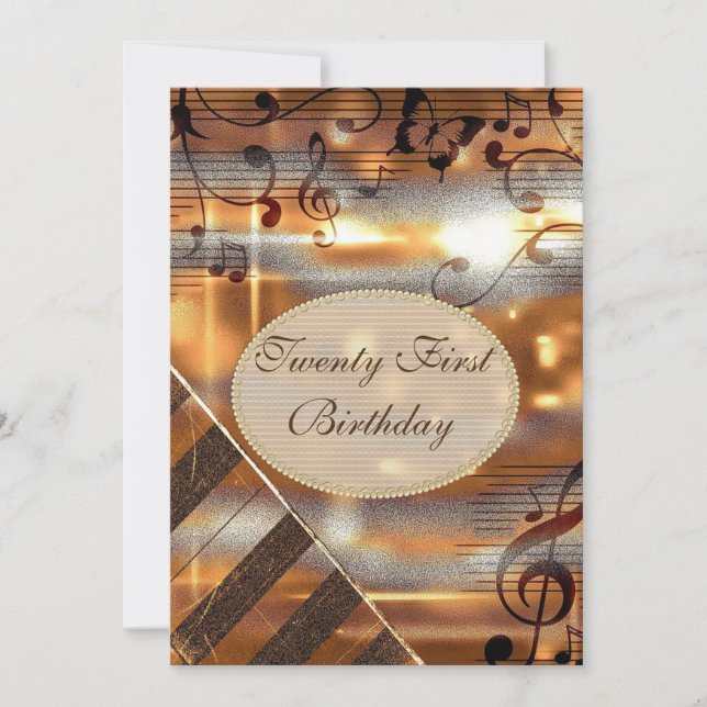 Invitación Purpurinoso Silver & Gold Music Notes 21º cumpleañ (Anverso)